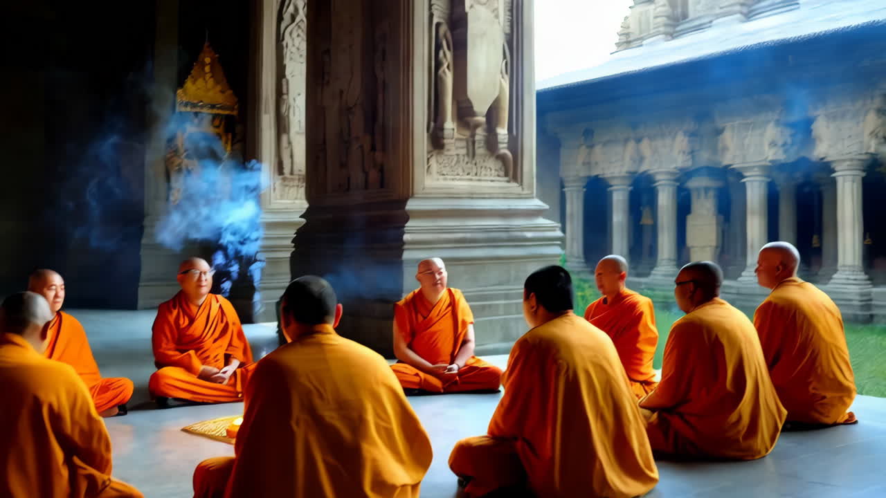 A group of monks gathered in a circle for a spiritual ceremony in an ancient temple