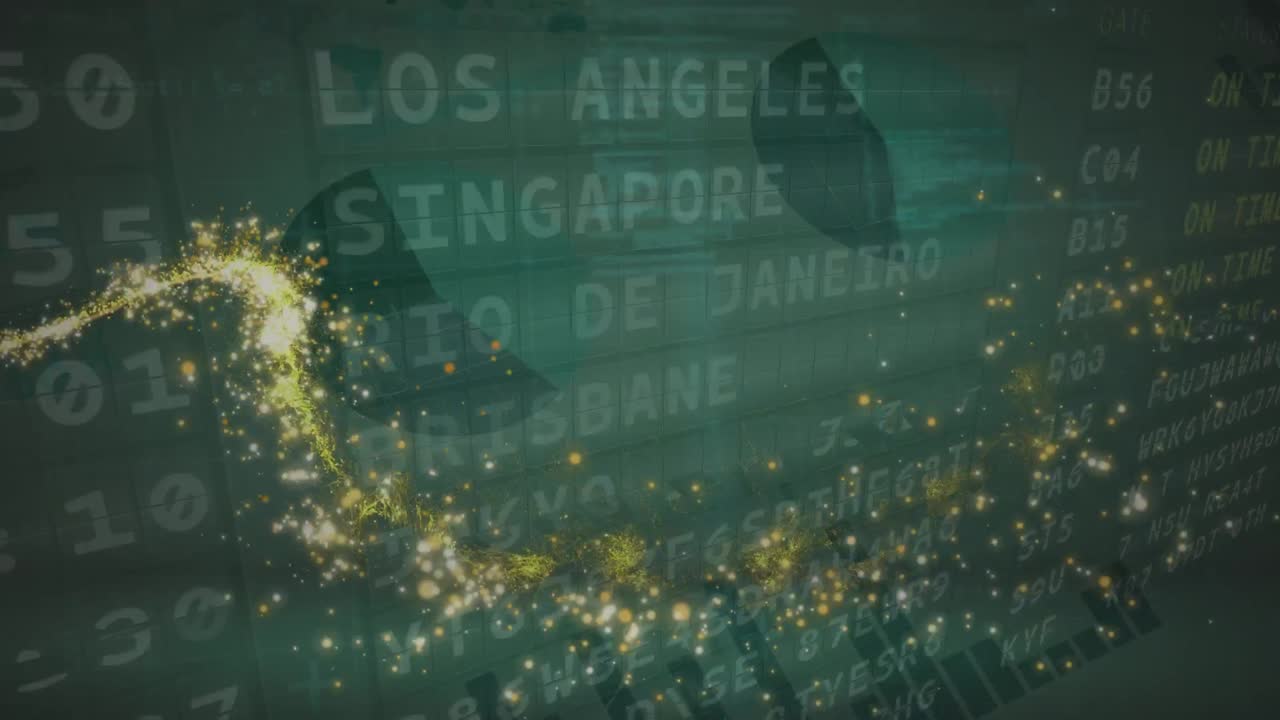 공항 시간표와 함께 초록색 배경에 빛의 애니메이션