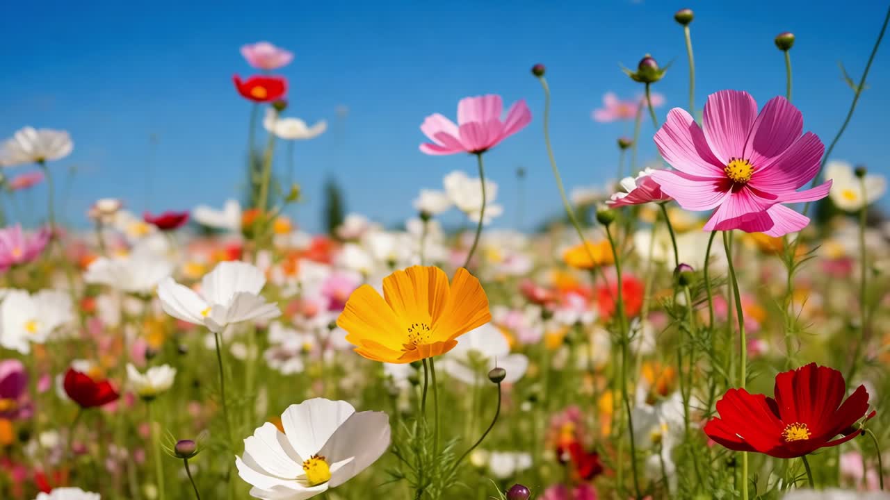 Delicate cosmos flowers dancing in soft breeze, creating mesmerizing colorful wave across sunlit meadow with expansive blue sky showcasing natural vibrancy and summer tranquility