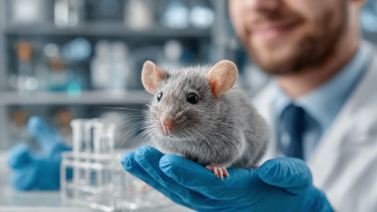 Un ricercatore esamina attentamente un topo da laboratorio, sottolineando l'importanza degli studi sugli animali nella ricerca scientifica e l'esplorazione delle innovazioni mediche