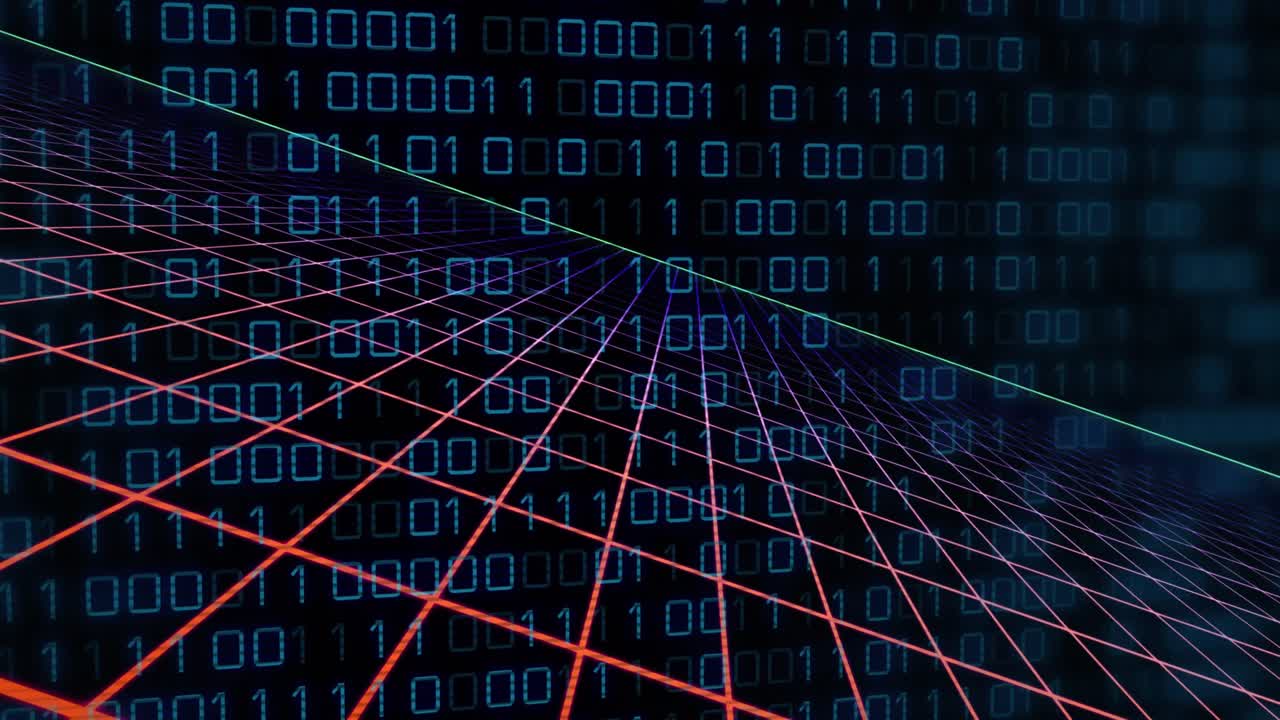 Animation of grid pattern over looping binary codes against black background