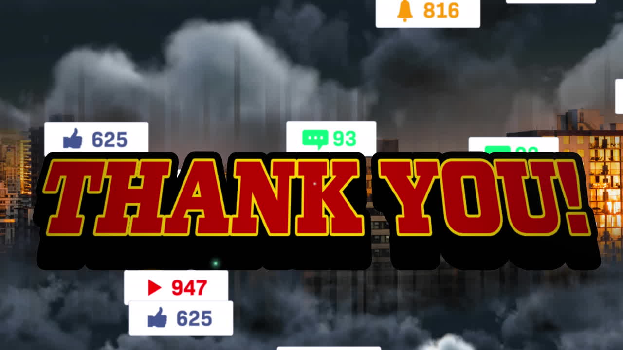 폭풍의 도시 건물 위에서 플래시와 소셜 미디어 알림으로 텍스트의 애니메이션 감사합니다