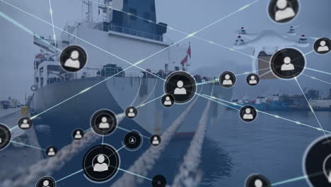 animation of network of connections with icons over ship and drone carrying parcel
