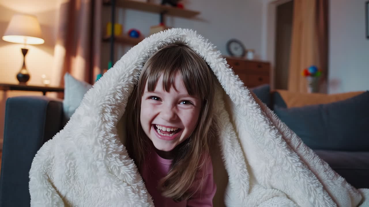 A happy young girl laughing and playing under a blanket at home