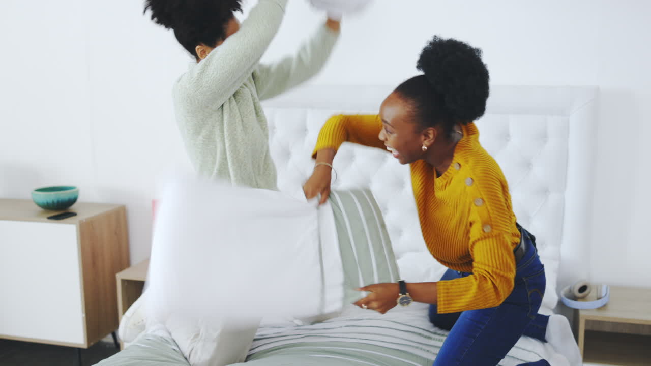 친구들은 베개 싸움, 자유를 가지고 있습니다.