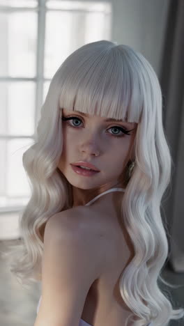blonde woman portrait with makeup and wig