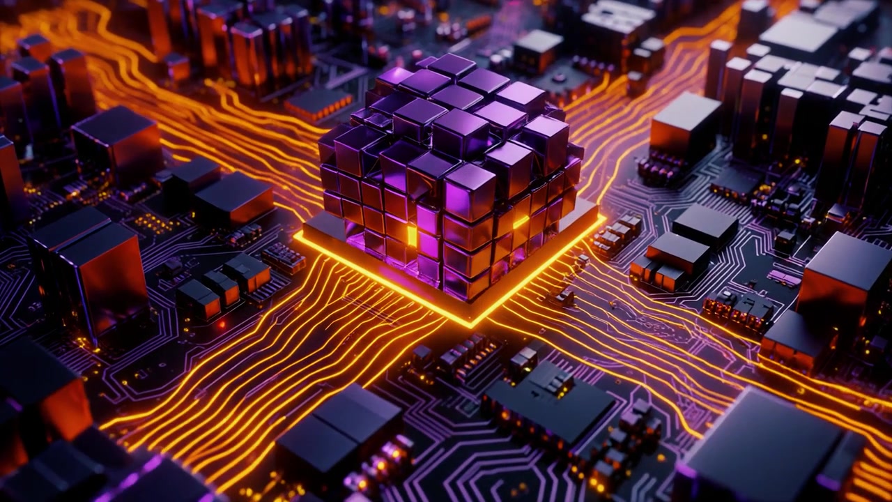 Futuristic Processor Chip with Glowing Data Streams on Circuit Board