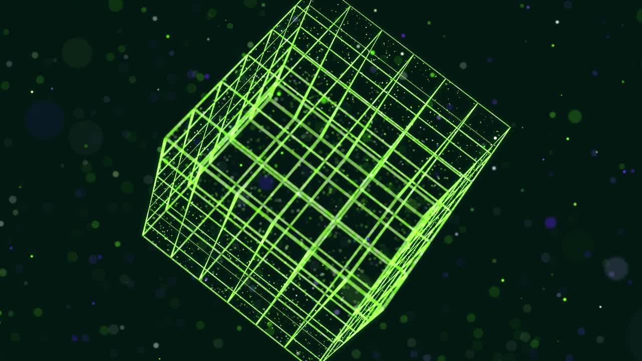 추상적인 빛나는 녹색 입자는 3d 객체를 형성합니다. 큐브. vj 루프는 가상 디지털 공간의 bg입니다. 입자는 빅 데이터, 네트워크 또는 vr 공간의 개념으로 홀로램 모양을 형성합니다. sf 모션 디자인 bg.