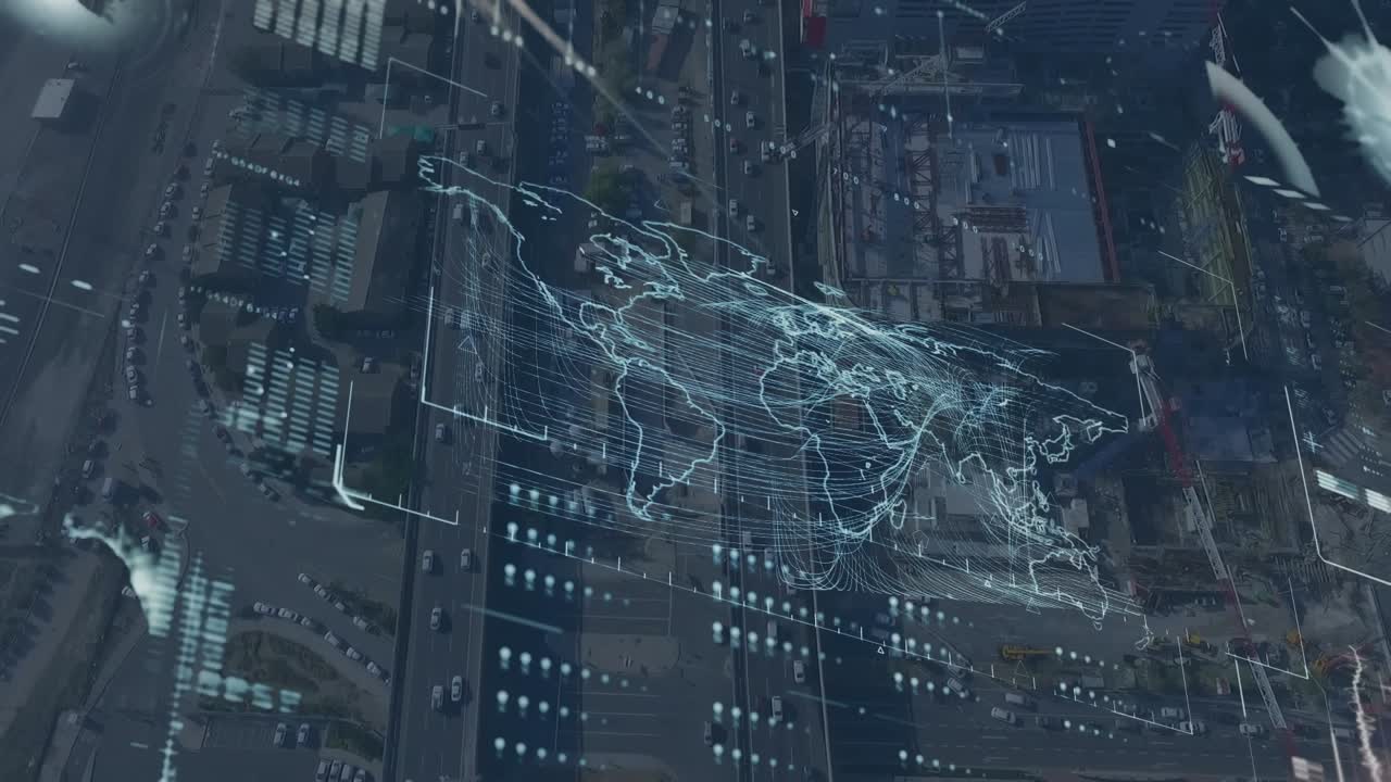 Animation of data processing over cityscape