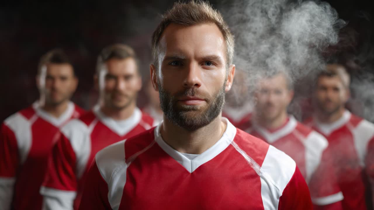 Intense and Focused Soccer Players in Red Jerseys: A Dramatic Composition Capturing the Spirit of Teamwork and Determination on the Field