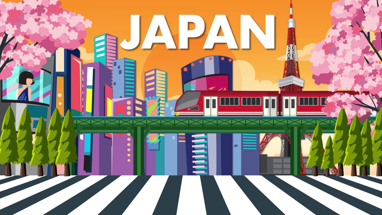 桜、超高層ビル、そして動く電車がある日本の都市のフラットなベクターアニメーション。