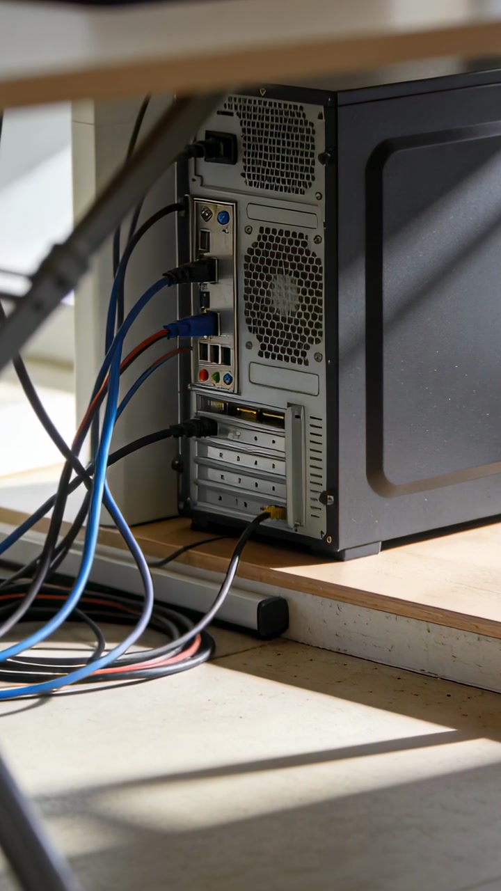 Vertical video: Panning camera capturing PC tower rear I or O under desk shelf with cables, copy spa