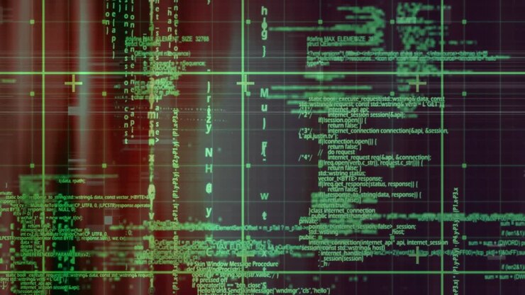 Animation of data processing over red and black background