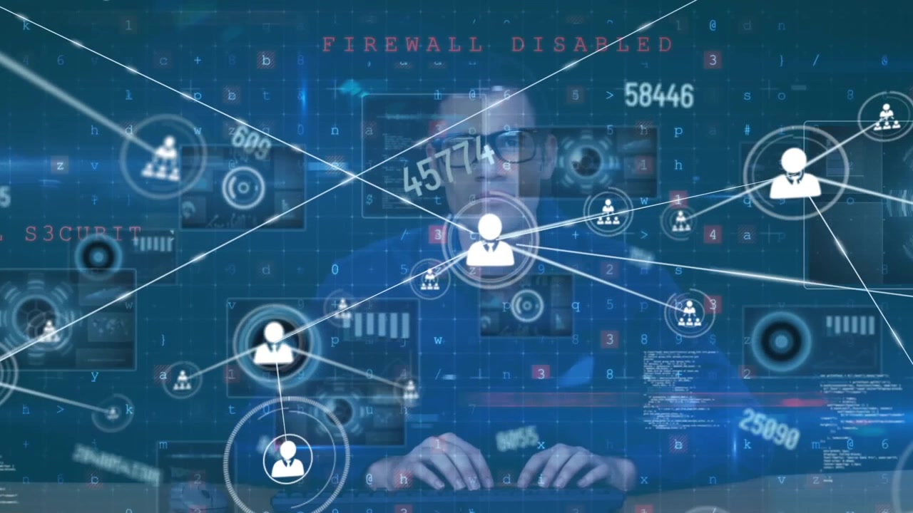 Animation of network of connections and cyber crime warning over male hacker