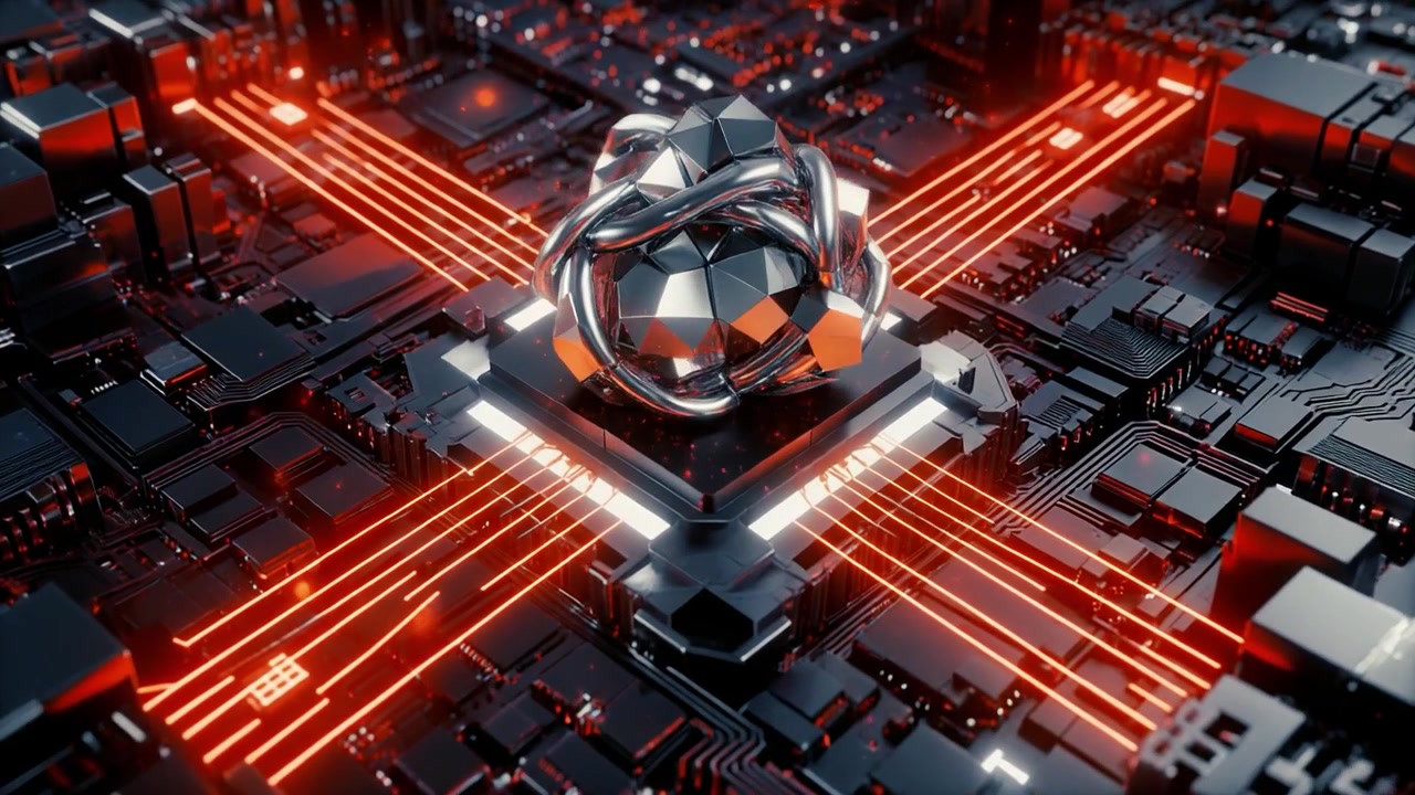 Abstract Metallic Sphere Rotating on Futuristic Circuit Board