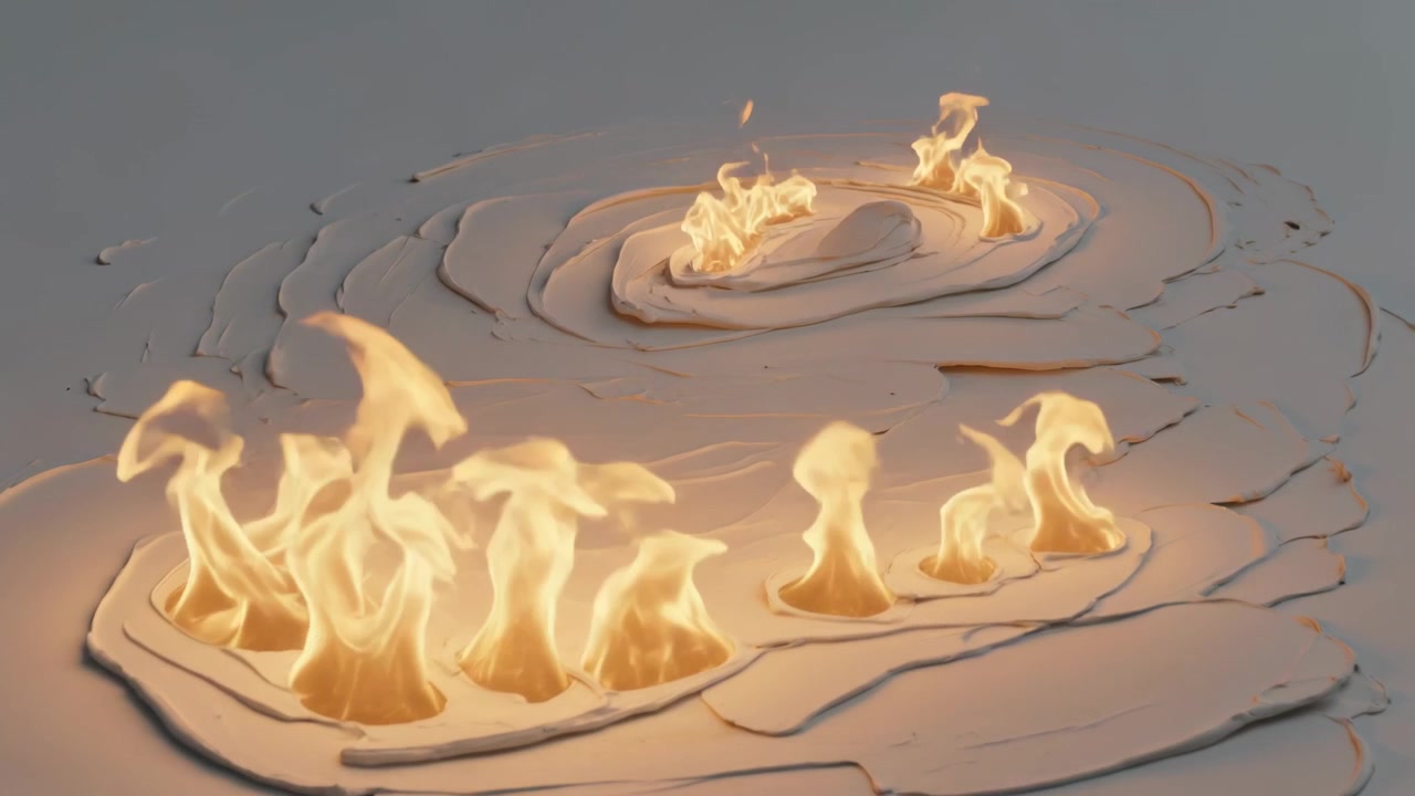 Moving camera revealing layered sculpture on studio table, emphasizing foreground flames