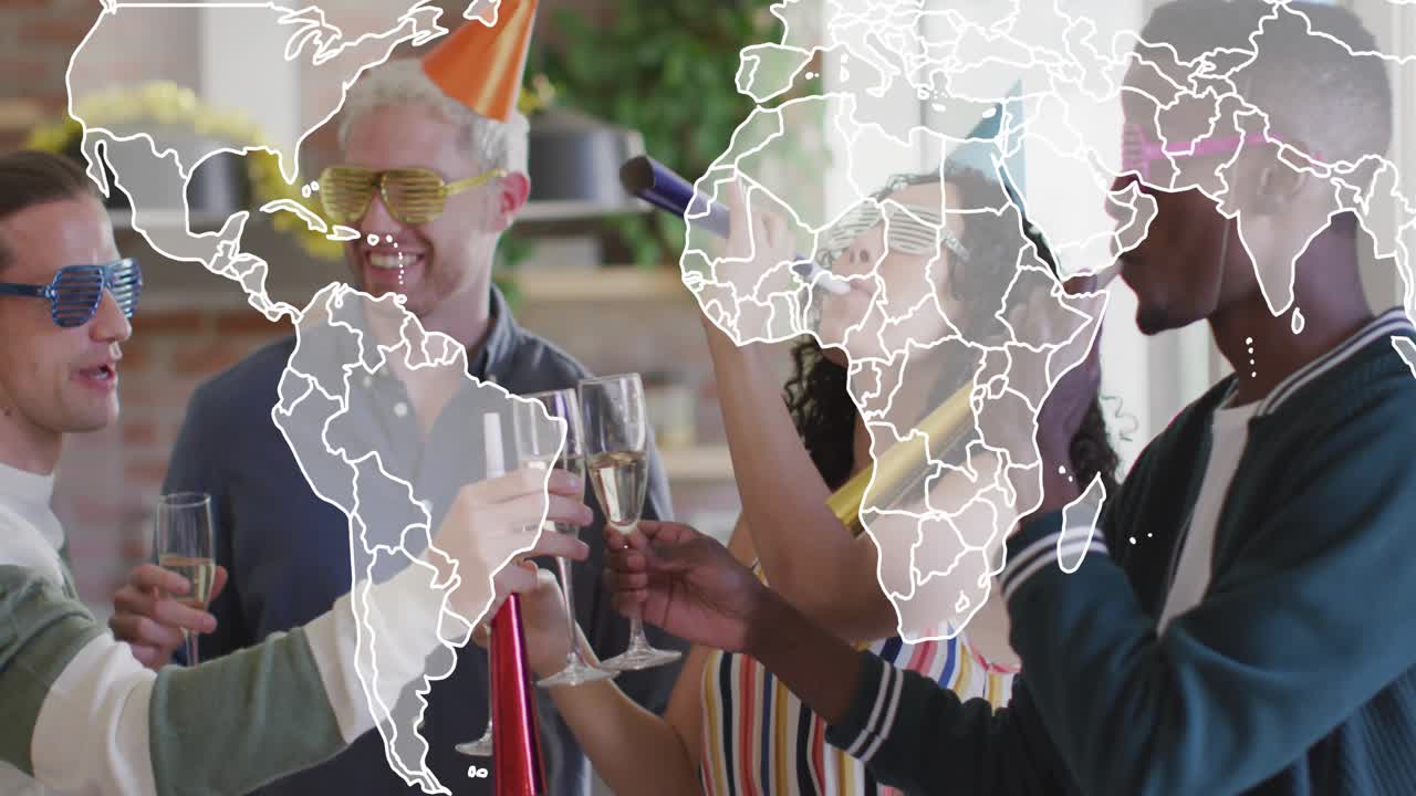 Five friends raising flutes, celebrating in loft for marketing, world map overlay moving over group