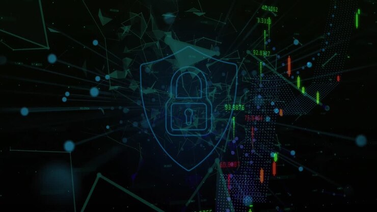 Security padlock shield icon over network of connections against financial market data processing