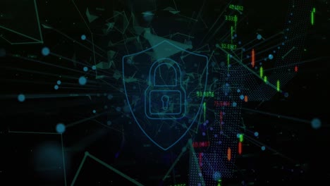 security padlock shield icon over network of connections against financial market data processing