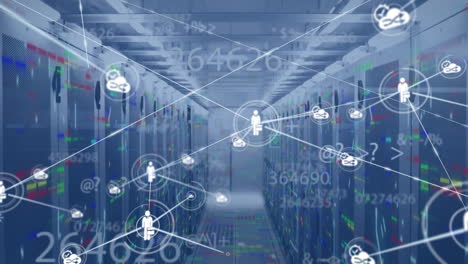animation of network of connections with digital icons and numbers over computer servers