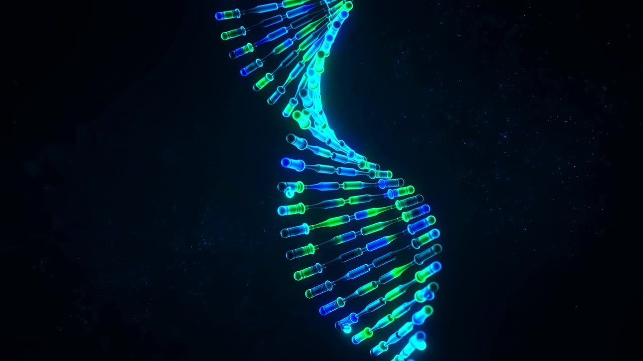 Close-up vertical view of stylized DNA double helix formed from paired glowing cylindrical segments linked by thin translucent rods, suspended against deep indigo to near-black background with faint