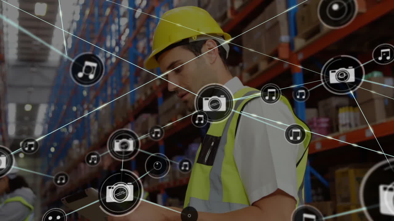 Using tablet with animation icons, warehouse worker managing inventory in storage