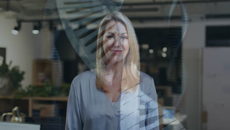 dna strand animation over woman standing in modern office environment
