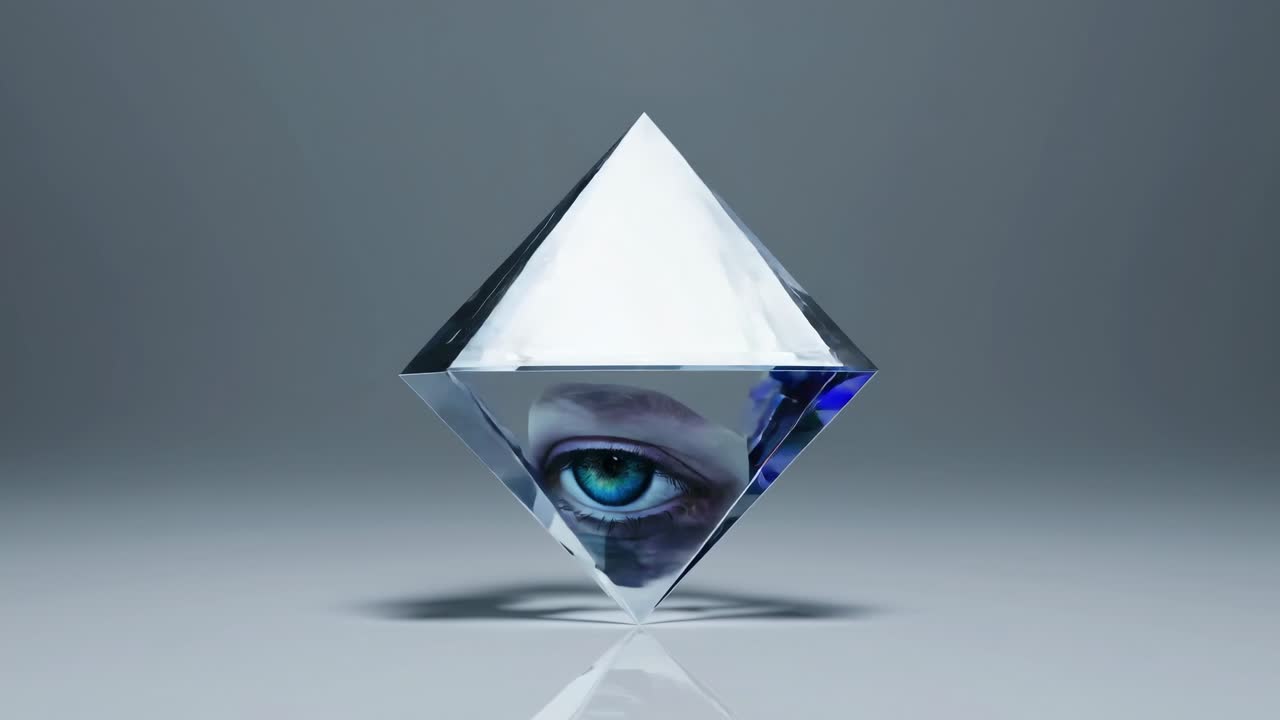 octaedro de cristal girando lentamente, revelando un penetrante ojo azul moviéndose dentro de una forma geométrica transparente, simbolizando el conocimiento oculto y la percepción mística contra un fondo blanco prístino