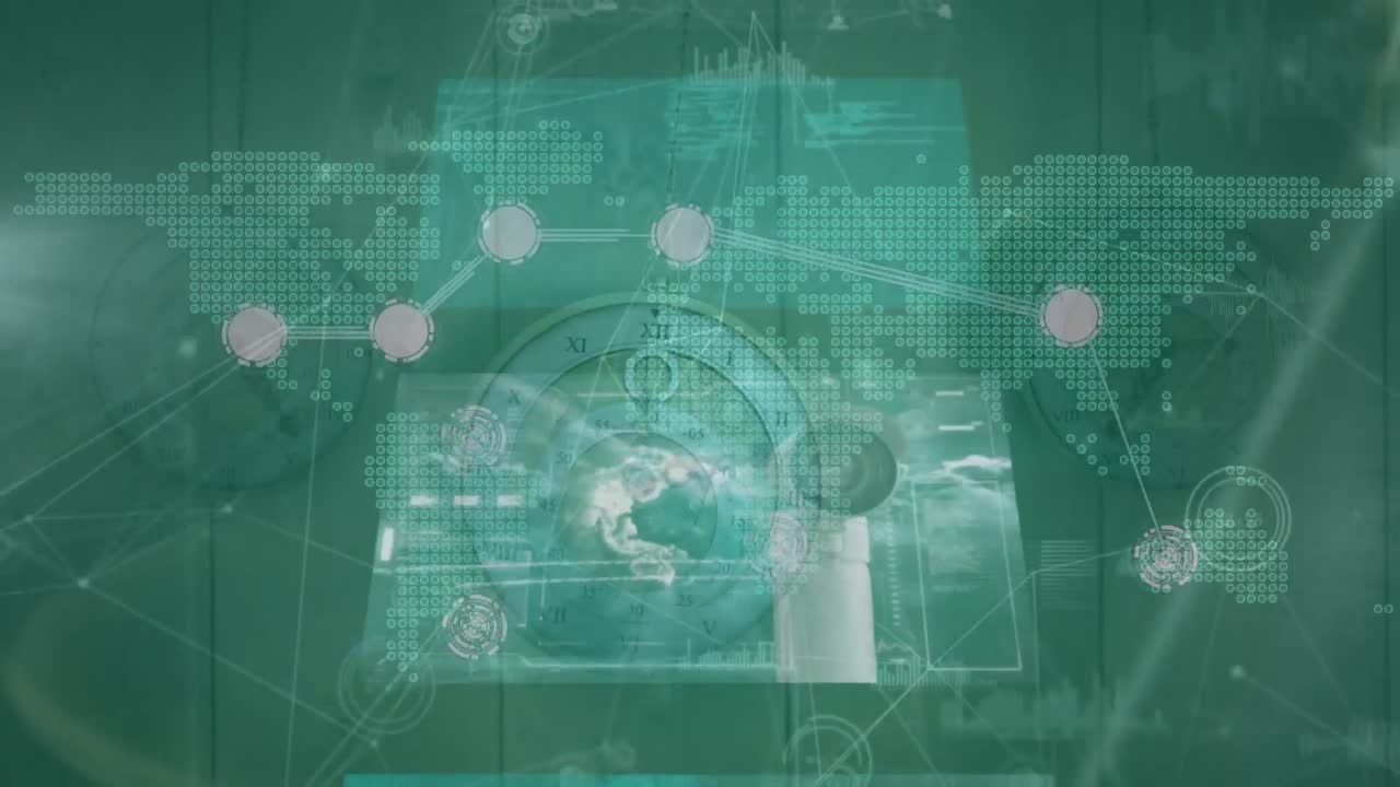 세계 지도 위에서 화면과 움직이는 시계에 대한 데이터의 애니메이션