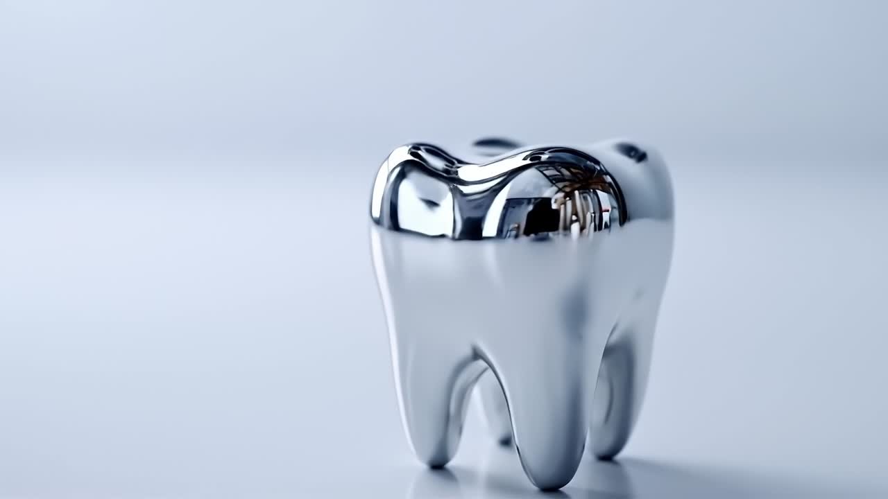 A silver tooth on a white surface