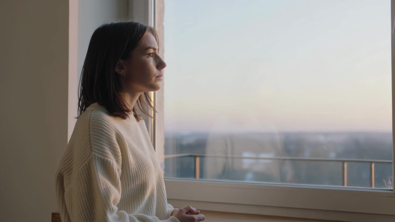 Luce solare che illumina una donna seduta vicino alla finestra, mani giunte, che guarda la ringhiera, indossando un capo in maglia.