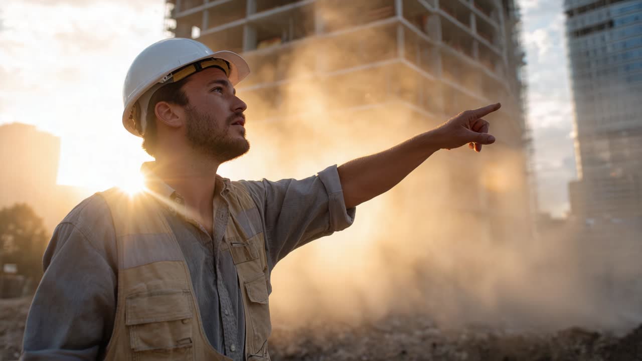 Construction worker pointing at a building site