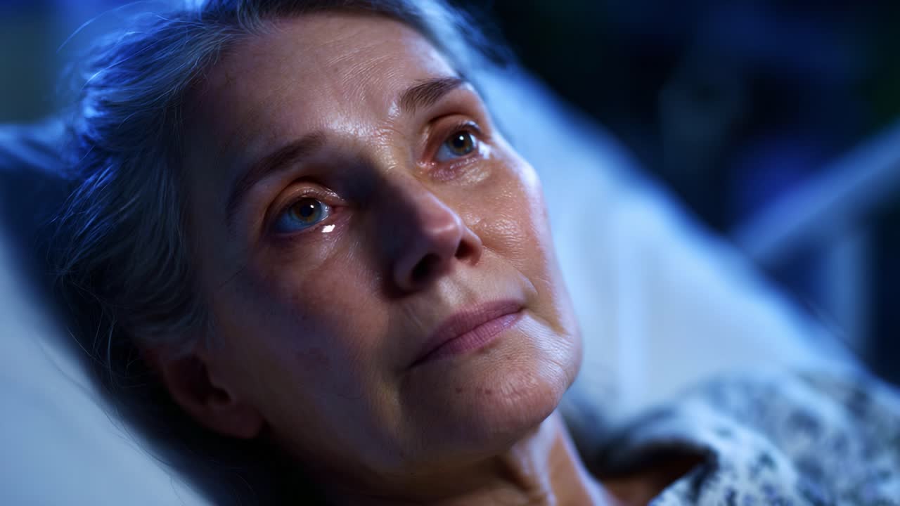 An Emotional Close-Up of an Ailing Elderly Woman Reflecting Life's Trials While Resting in a Hospital Bed, Bathed in Soft, Blue-Hued Light
