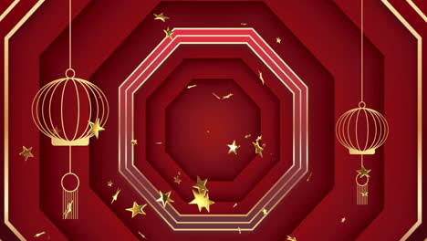 animación de decoraciones tradicionales chinas y estrellas en fondo rojo.