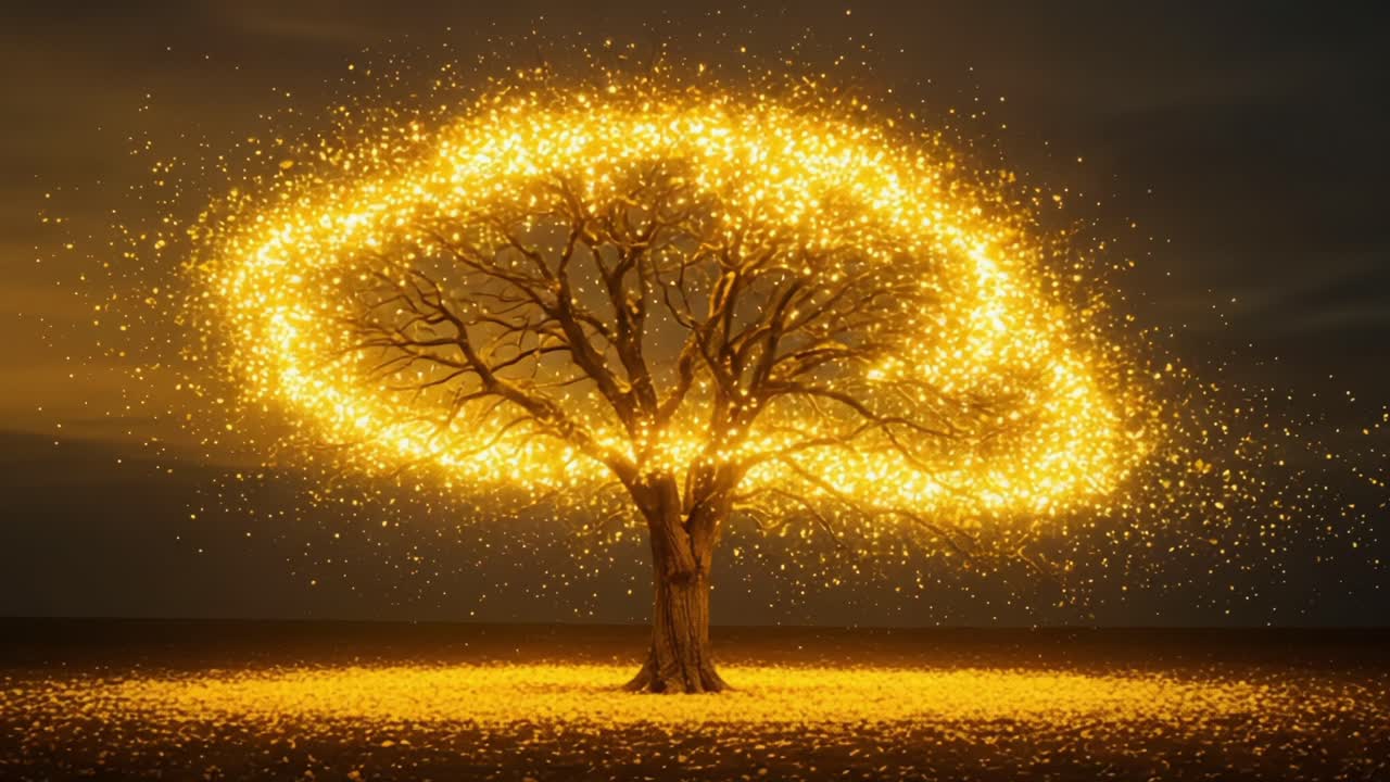 A Majestic Tree Illuminated by Sparkling Golden Light, Creating a Magical and Enchanting Atmosphere in an Otherworldly Landscape