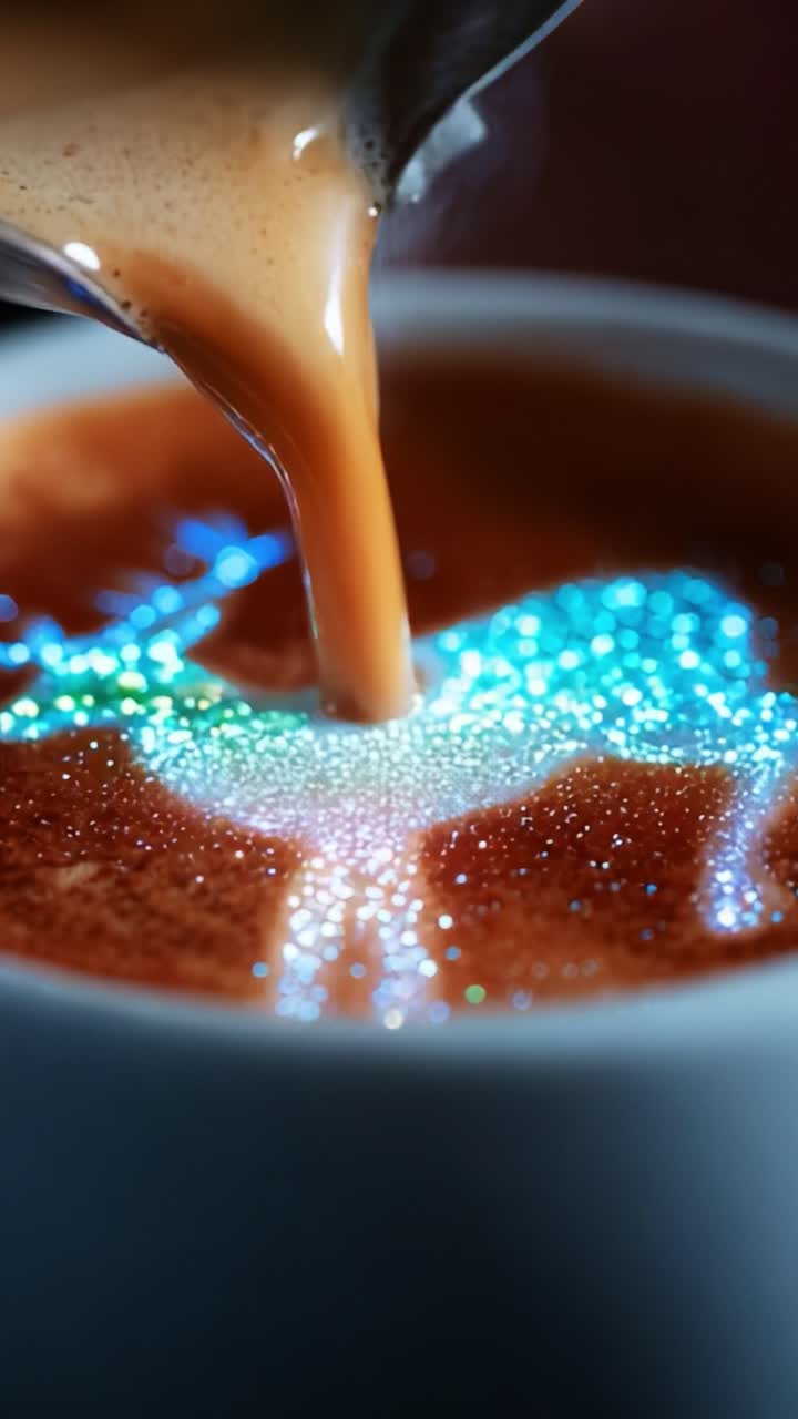 A Close-Up Experience of a Beautifully Crafted Coffee With Artistic Foam, Transitioning from the Pouring Liquid to the Final Presentation, Capturing the Delicate Details and Shimmering Effects on the Surface