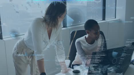 animation of financial data processing over diverse businesswomen in office