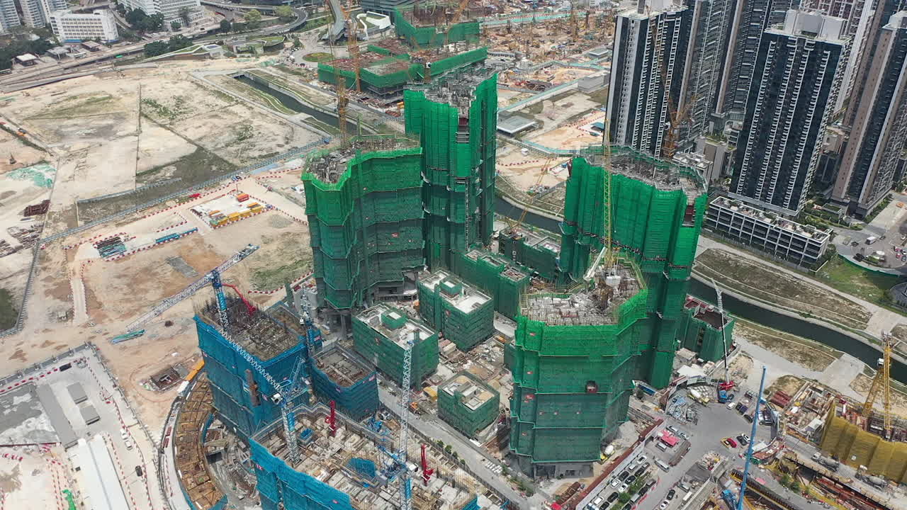 Aerial View Of Buildings Under Construction In Residential District In Hong Kong.