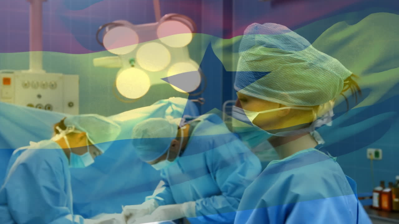 Animation of flag of ghana waving over surgeons in operating theatre