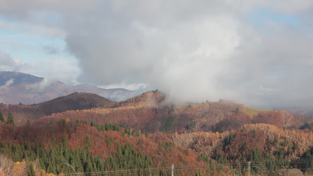 Cloudscape Over Autumn Landscape In The Carpathian Mountains, Romania. Static Shot
