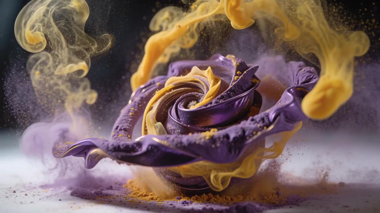 Scultura a nastro arrotolato che si srotola da un soffio d'aria, rilasciando polvere viola e gialla su un tavolo da studio.