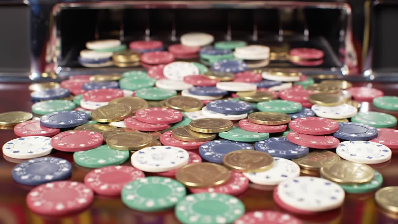 A Cascade of Colorful Casino Tokens Unfolds from a Classic Slot Machine, Showcasing a Vibrant Array of Chips and Coins Accumulating on the Gleaming Surface