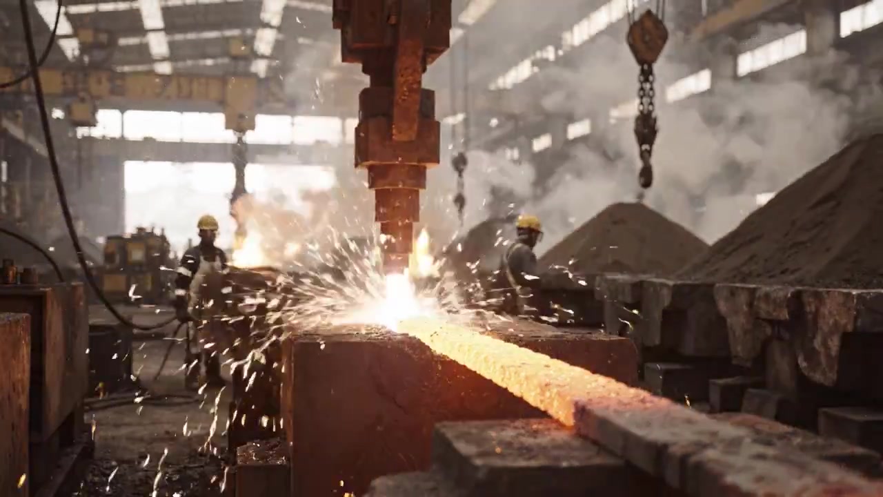 Processo de fabricação industrial exibindo faíscas intensas e produção de metal fundido em um ambiente de fábrica com trabalhadores engajados em suas tarefas.