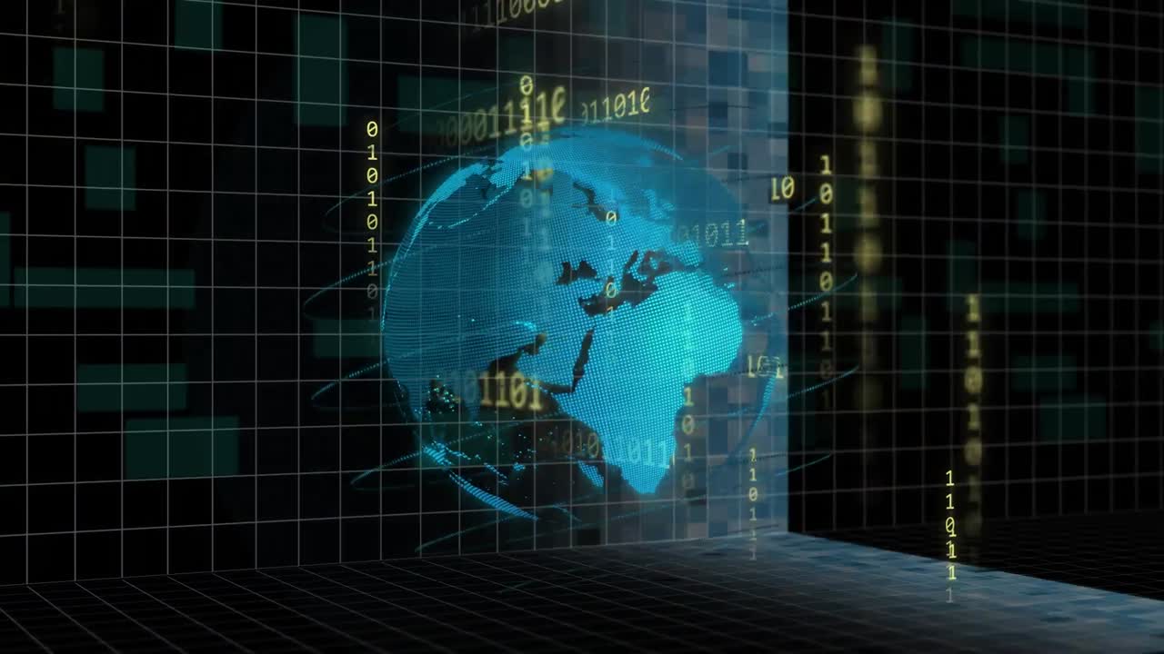 Animation of binary coding and data processing over globe