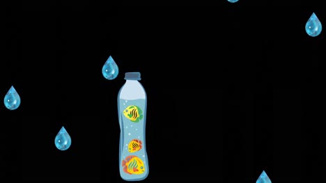 Animation-of-bottle-with-fish-and-water-drops-on-black-background