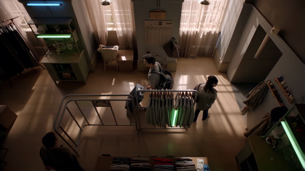 Overhead view of people in a clothing store's storage or back room