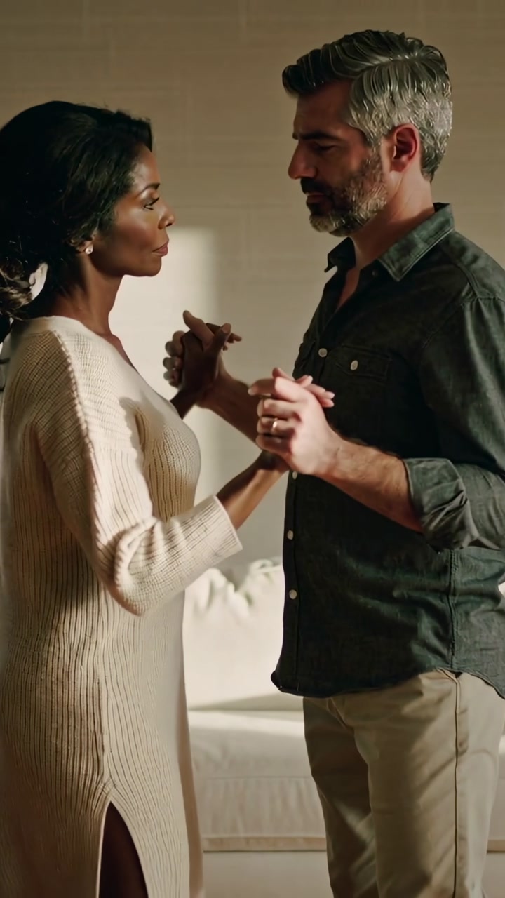 Vertical video: Holding hands, couple pivoting at home for dance, beige knit dress, ring, sun patch