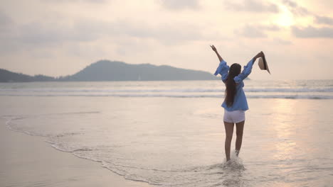 while walking down the beach, a pretty young woman turns and joyfully welcomes the incoming surf