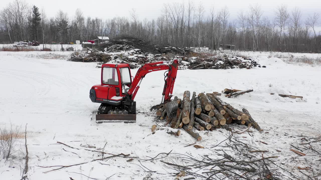 mini backhoe tractor with log pile, winter time deforestation
