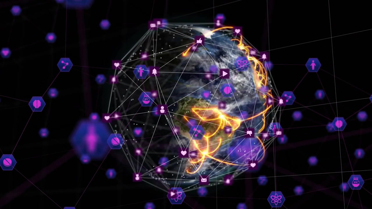 Initialiserer Jorden i et 3D lilla net, ikoner materialiseres og orange strømme forbinder globale noder